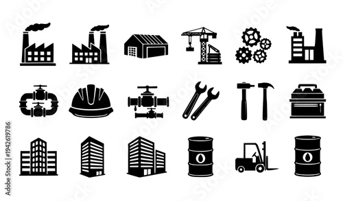 Industrial and building black silhouette icon set construction factory