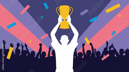 A triumphant man holding a trophy aloft in front of a cheering crowd with colorful confetti falling around him.