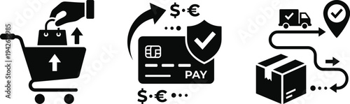 Online Shopping and Secure Payment Icon Set Featuring E-commerce Cart Credit Card Pay and Fast Delivery Tracking