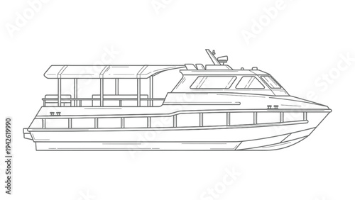 Waterborne Wonder: A detailed line drawing showcases a passenger ferry boat, perfect for marine travel and water transportation.