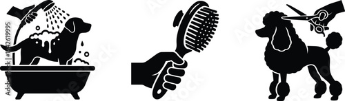 Professional Pet Grooming Services Featuring Dog Bathing Brushing and Poodle Hair Clipping Icons