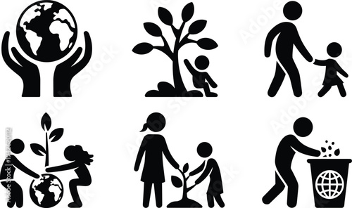 Black Environmental Icon Set Featuring People Planting Trees Protecting Earth Recycling Waste and Family Nature Activities for Eco Friendly Graphic Design