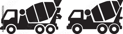 Two black silhouette icons of cement mixer trucks, one larger than the other, on a white background. Construction vehicle symbols
