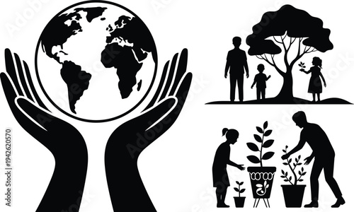 Black Nature Icon Set Featuring Hands Holding Earth Globe Family Under Tree and People Planting Saplings in Pots for Eco Design