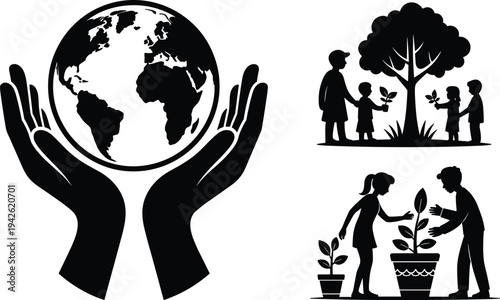 Black Nature Icon Set Featuring Hands Protecting Earth Globe Family Under Tree and Children Planting Saplings in Pots for Eco Design