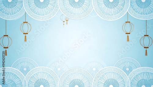 A light-blue background showcases decorative, white, patterned circles and gold paper lanterns, creating a celebratory or festive atmosphere