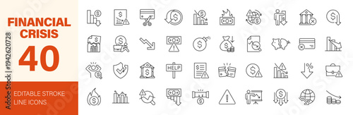 Financial crisis icon set. Editable line icons. Vector illustration.