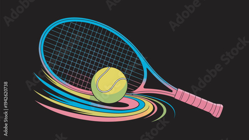 A colorful illustration of a tennis racket and ball in motion on a black background
