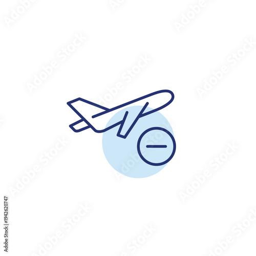 Airplane taking off and minus. Departure delayed, flight cancelled. Pixel perfect, editable stroke vector icon