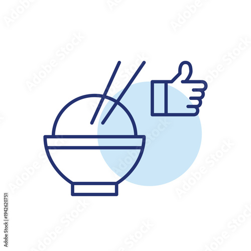 Bowl of rice with chopsticks and like. Asian food takeaway and restaurant customer satisfaction. Pixel perfect, editable stroke vector icon