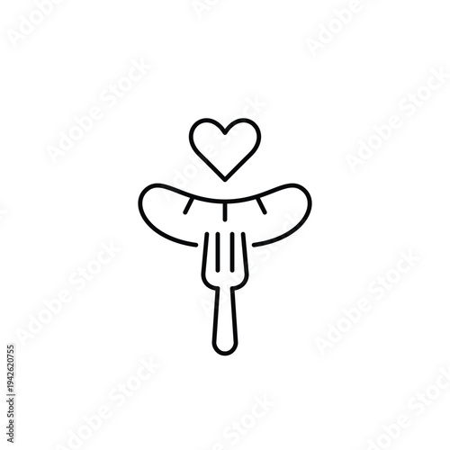 German sausage on fork and heart. Great taste, comfort food and unhealthy dinner. Pixel perfect, editable stroke vector icon