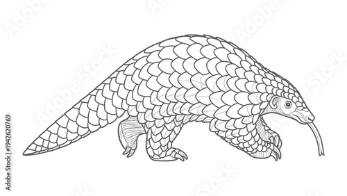 Pangolin: An illustration of a pangolin, a unique mammal known for its protective scales and specialized diet, showcasing its distinct features and shape. 