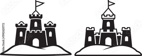 Sandcastle icons with flag, black and white vector illustration
