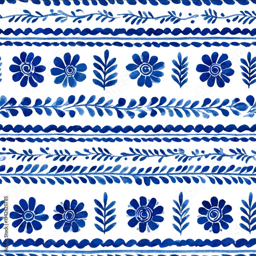 isolated clipart image of watercolor gouache blue and white borders strips floral folk easter geometric pattern tile vector icon monochrome simpl