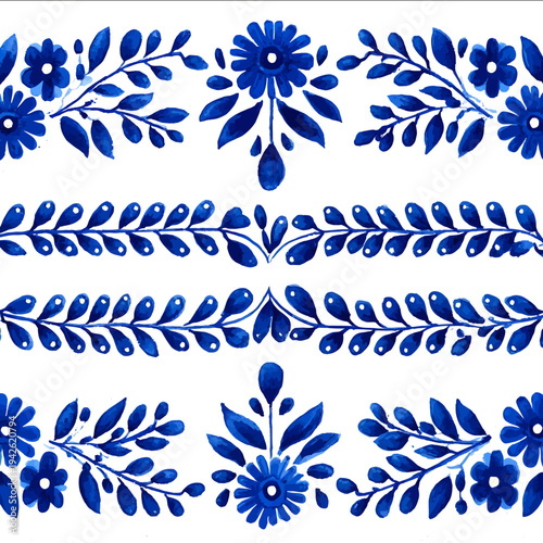 isolated clipart image of watercolor gouache blue and white borders strips floral folk easter seamless geometric pattern tile vector icon monochr