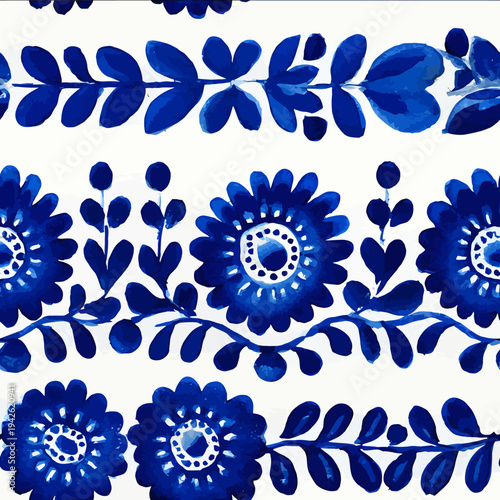 isolated clipart image of watercolor gouache geometric blue and white borders strips folk easter geometric pattern tile vector icon monochrome simple logo