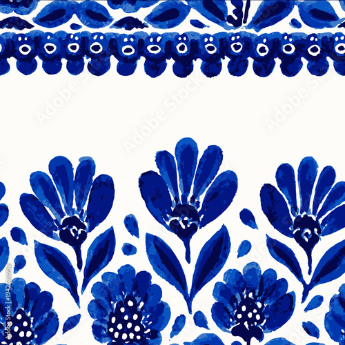 isolated clipart image of watercolor gouache geometric blue and white borders strips folk easter geometric pattern tile vector icon monochrome simple logo