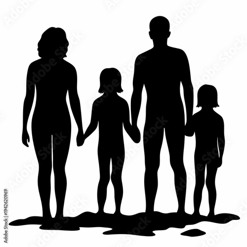 Black silhouette of family with two children holding hands tightly together
