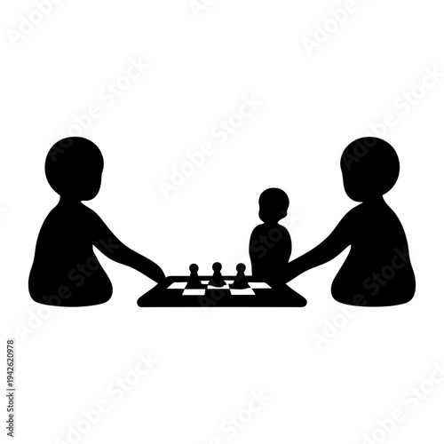 Black silhouette of two children playing chess with a third observing