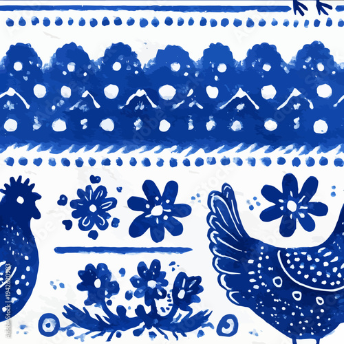 isolated clipart image of watercolor gouache blue and white borders strips folk easter chicken geometric pattern tile vector icon monochrome simple logo fo