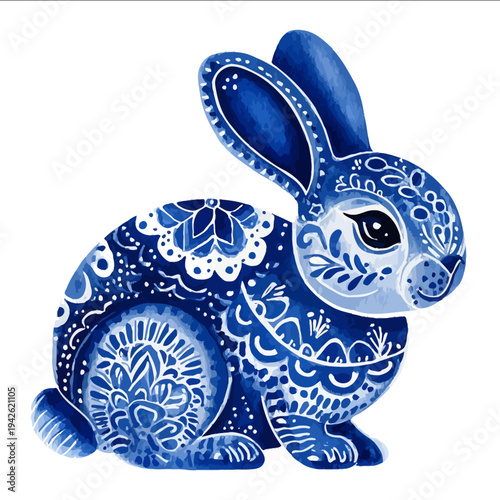 isolated clipart image of watercolor gouache blue and white borders strips folk easter bunny geometric pattern tile vector icon monochrome simple logo for