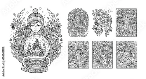 Intricate black and white illustrations featuring winter scenes and detailed patterns
