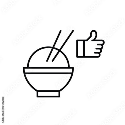 Bowl of rice with chopsticks and like. Asian food takeaway and restaurant customer satisfaction. Pixel perfect, editable stroke vector icon