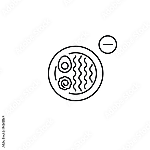 Ramen bowl and minus. Takeaway Asian noodle food. Position unavailable, remove from order. Pixel perfect, editable stroke vector icon