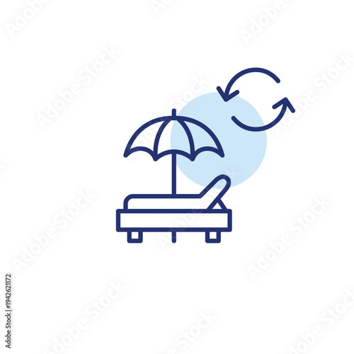 Sun bed on the beach with umbrella and renew arrows. Vacation renewal, travel cycle. Pixel perfect, editable stroke vector icon