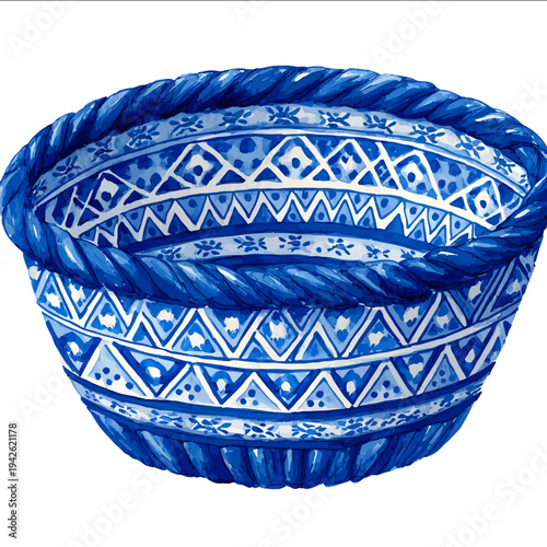 isolated clipart image of watercolor gouache blue and white borders strips folk easter basket geometric pattern tile vector icon monochrome simpl