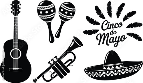 Cinco de Mayo Vector Icon Set Featuring Mexican Guitar Maracas Trumpet Sombrero Hat and Decorative Text for Holiday Celebration Designs