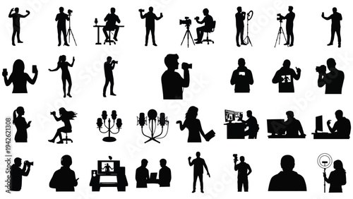 Collection of Black Silhouettes of People Engaged in Various Activities Including Photography, Journalism, and Performance