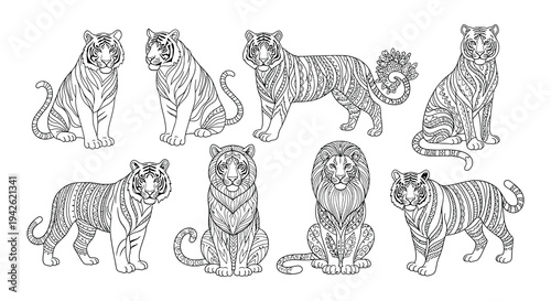 Intricate line art depicts a collection of majestic tigers in various poses
