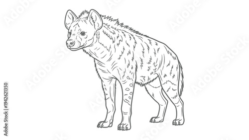 Hyena Illustration: A detailed line drawing of a hyena, showcasing its distinctive spotted coat and alert expression, a powerful predator of the savanna.