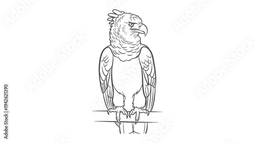 Harpy Eagle Line Art: Striking monochrome line art illustration of a majestic harpy eagle perched, capturing the formidable presence and intricate feather detail.