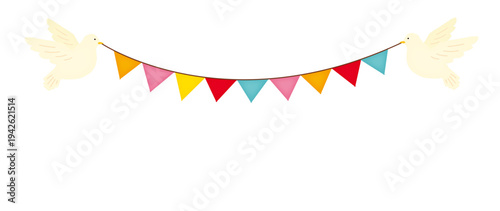 鳩がフラッグを持っているイラスト背景素材|デコレーション向け素材/Illustrated background material of a pigeon holding a flag