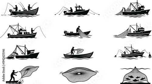 Commercial Fishing Vessel Collection Featuring Industrial Trawler Boats with Large Seining Nets and Professional Fishermen