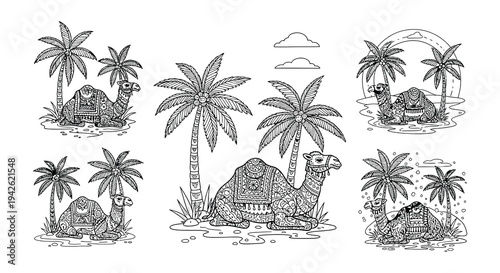 Intricate drawing of a camel resting beneath swaying palm trees