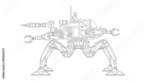 Six-Legged Mechanical Excavator: A detailed line drawing of a futuristic six-legged mechanical excavator equipped with a drill and a robotic arm, ready for industrial exploration and construction.