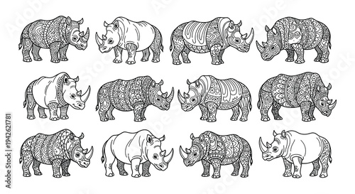 A collection of intricately patterned rhinoceros illustrations in black and white