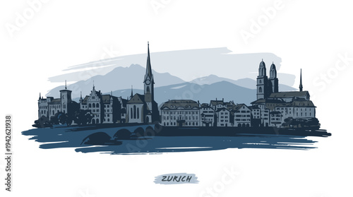 A detailed artistic illustration of the Zurich skyline, showcasing its iconic buildings and bridges against a backdrop of distant mountains.