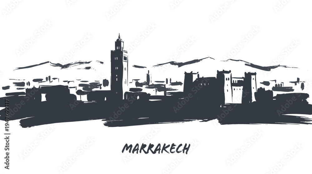 Obraz premium A minimalist black and white sketch of the Marrakech skyline, featuring iconic buildings and mountains in the background.