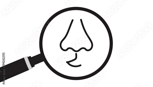 A line drawing of a human nose is viewed through a magnifying glass against a white background
