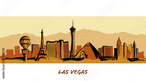 A stylized, panoramic illustration of the Las Vegas skyline at dusk, featuring iconic landmarks.