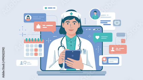 A female doctor using a smartphone and laptop for online medical consultations and patient communication.