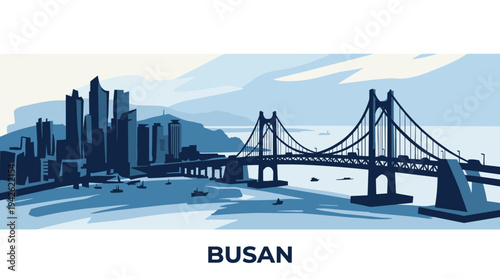 A stylized illustration of the Busan city skyline featuring a prominent suspension bridge and modern skyscrapers.