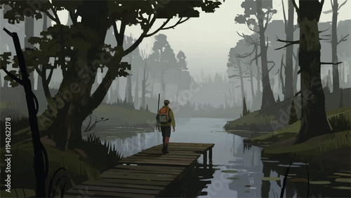 Illustration Of People Walking On A Narrow Wooden Path In The Middle Of A Foggy Swamp Vector Design Template
