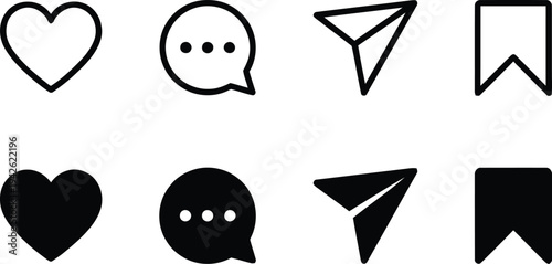 Social media icons set with hearts, chat, and paper plane symbols