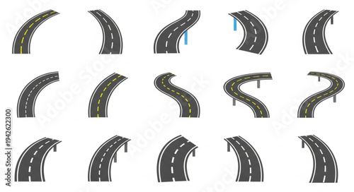 Set of Curved Roads with Damage and Debris.