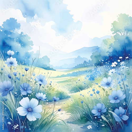 Light blue flower meadow watercolor